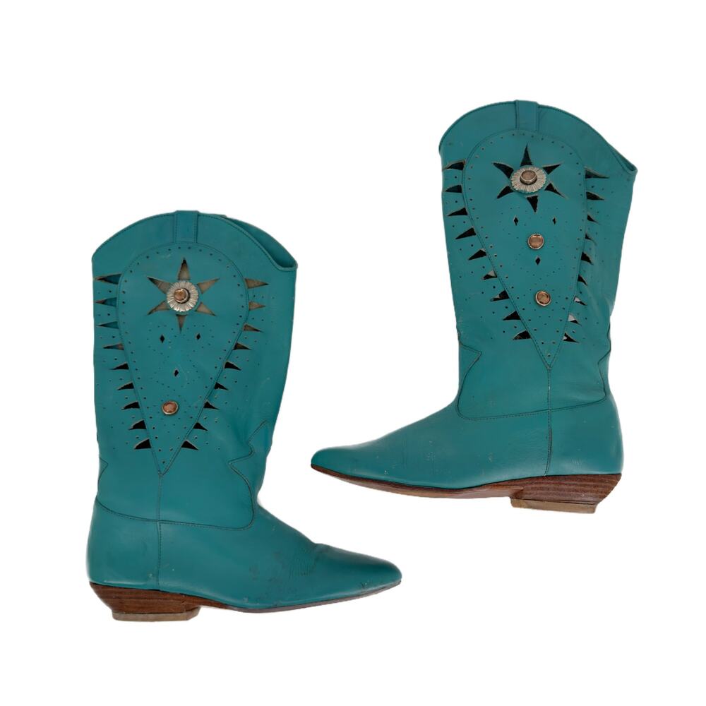Vintage 80s Concho Stoned Southwestern Cowgirl Boots 6 / 5.5 Turquoise Leather - Picture 15 of 15